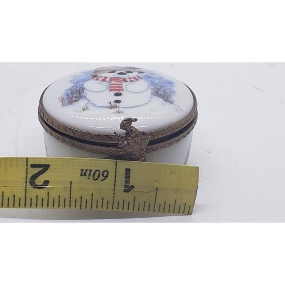 Vintage Limoges Porcelain Trinket Jewelry Box Snowman Holly Christmas Hand Paint - Picture 4 of 14